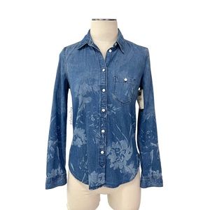 Gap- Cotton Chambray Button Down Shirt with Faded Floral Wash Detail Size XS